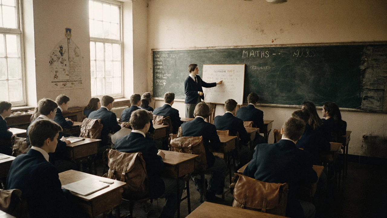 1980s Dublin classroom with students wearing traditional navy blazers and white shirts under sunlight.