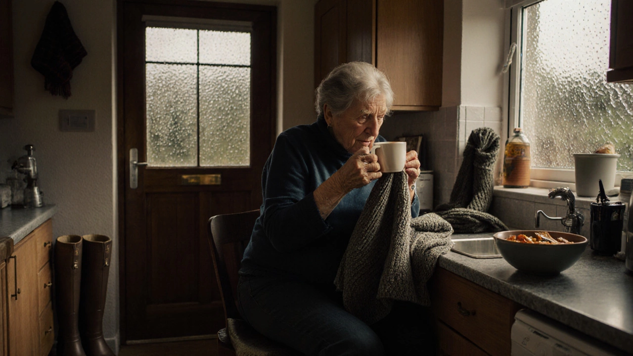 A woman in her 70s sitting in a cozy kitchen, wearing jeans and wool socks, sipping tea while mending a sweater.
