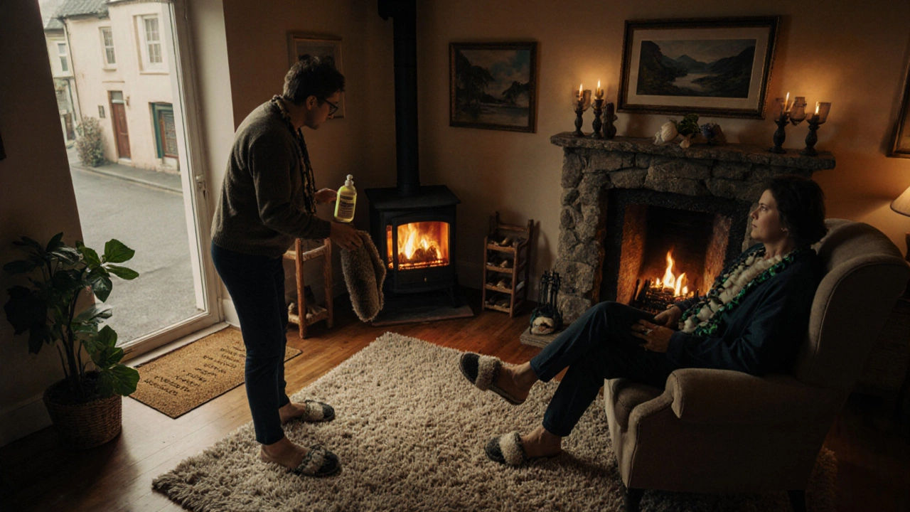 An Irish host offers wool slippers and coconut foot oil to a Hawaiian guest in a cozy living room.