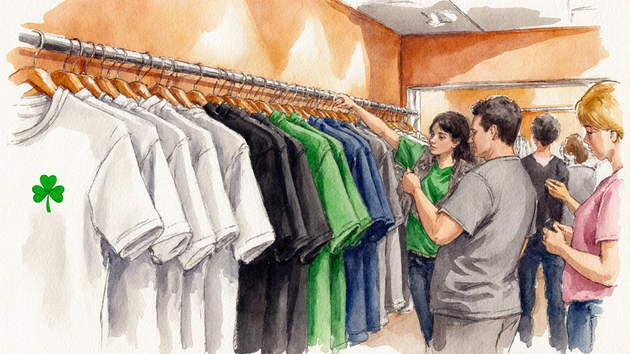 Boutique interior displaying racks of t‑shirts in white, black, green, navy, and grey.