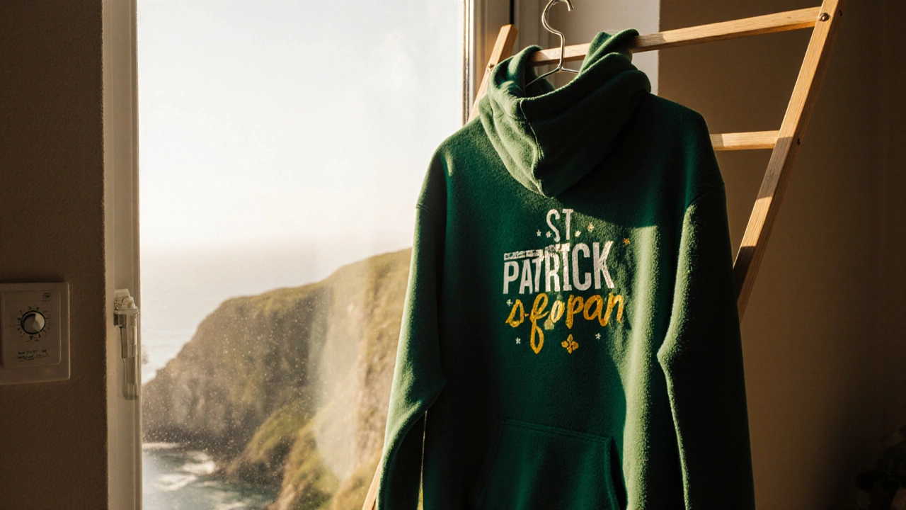 Clean hoodie hanging on a rack by a sunny window with Irish cliffs visible.