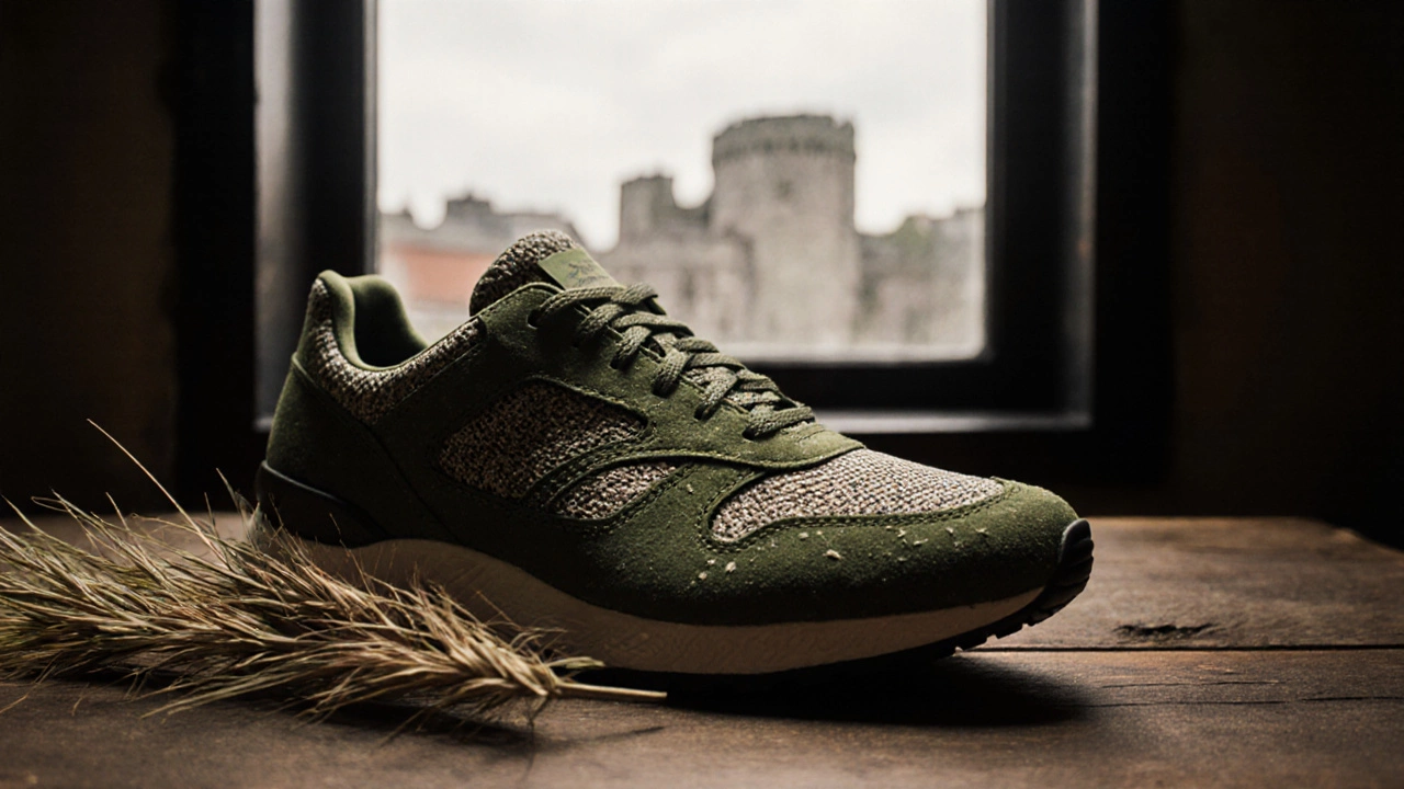 Close‑up of eco‑friendly green trainer on wood with Dublin Castle blurred behind.