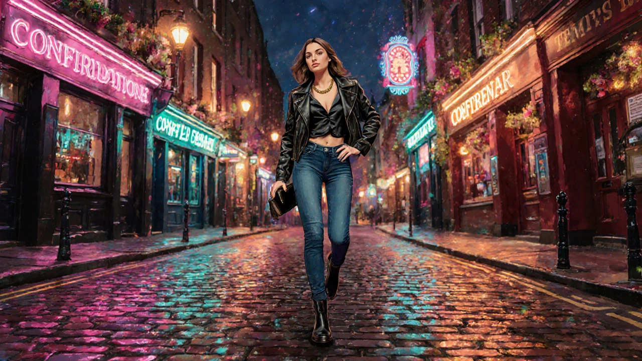 Confident woman in black blouse and leather jacket walking in Temple Bar under neon lights.