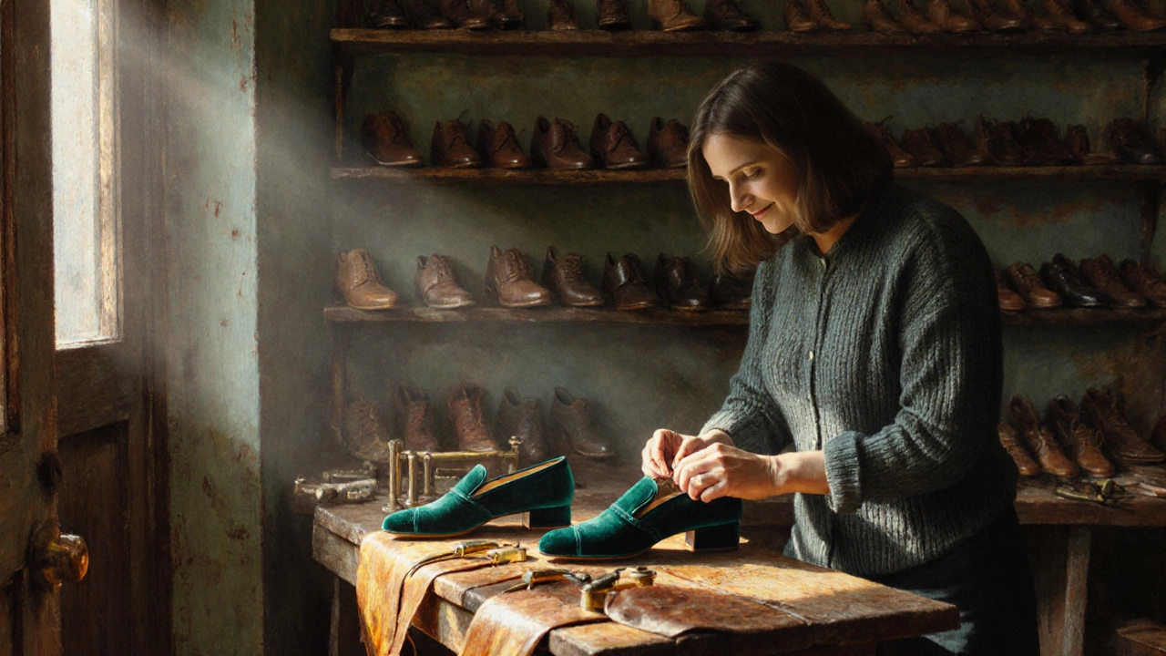 Cozy Galway cobbler workshop with leather, tools, and a customer trying a velvet pump.