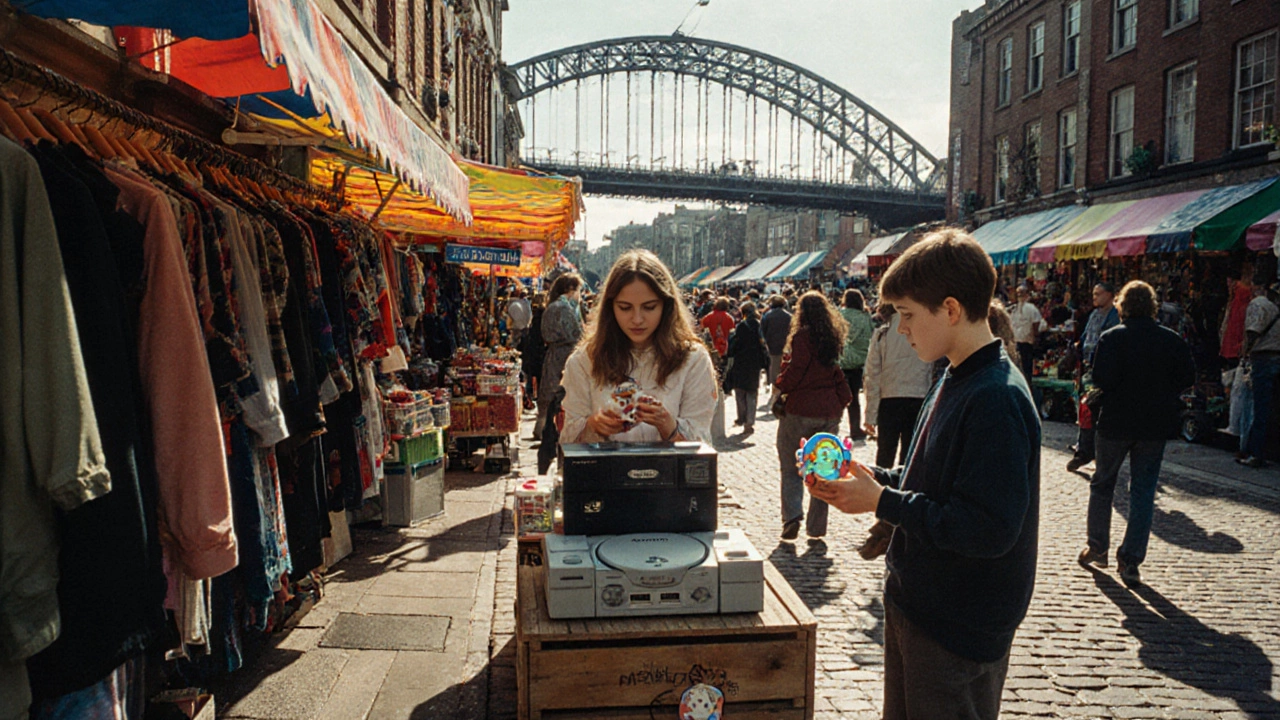 Dublin vintage market in 1999 showing shoppers with a PlayStation and Tamagotchi.