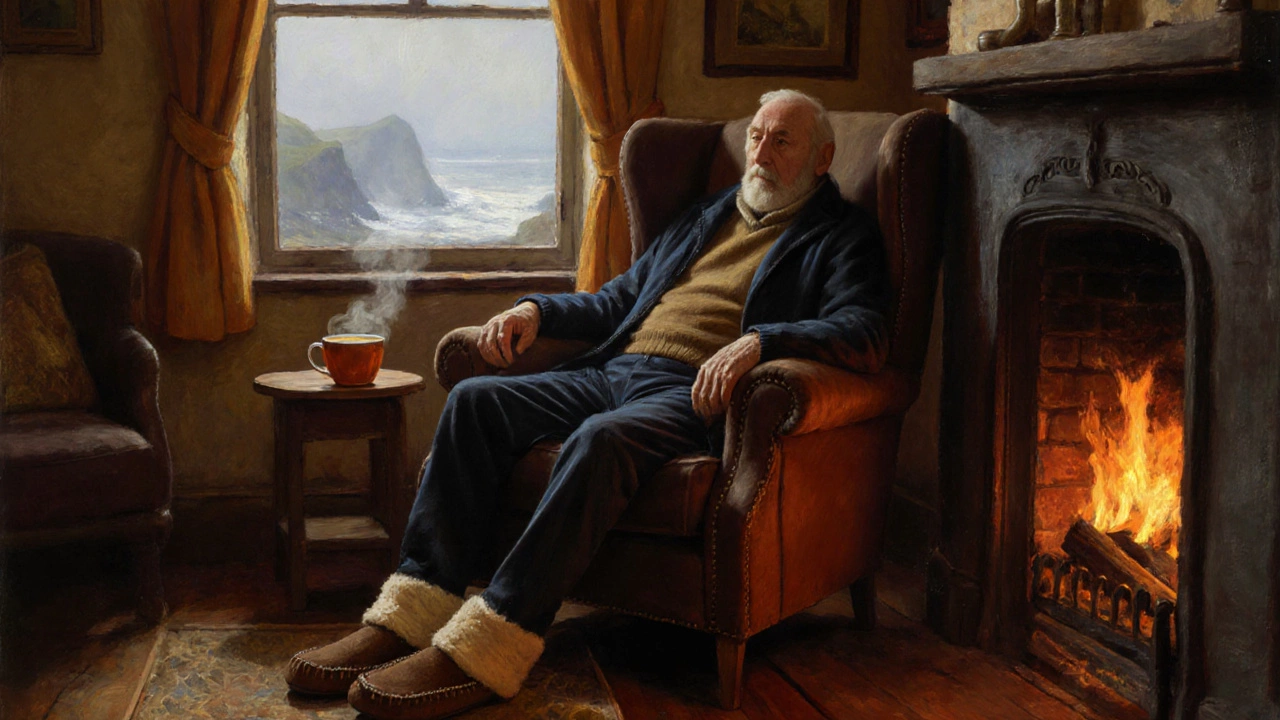 Elderly man relaxing by a fireplace wearing wool‑filled slippers in a cozy Irish cottage.