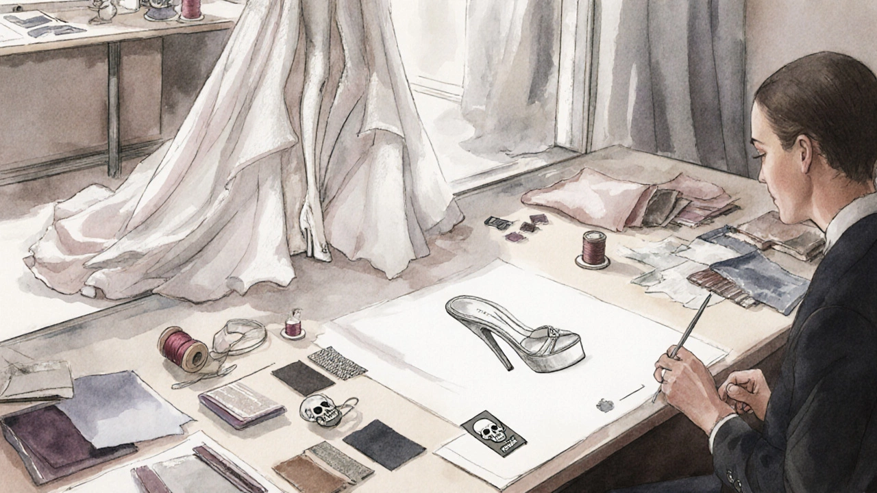 Fashion sketch showing a royal heel and gown with designer tools on a studio table.
