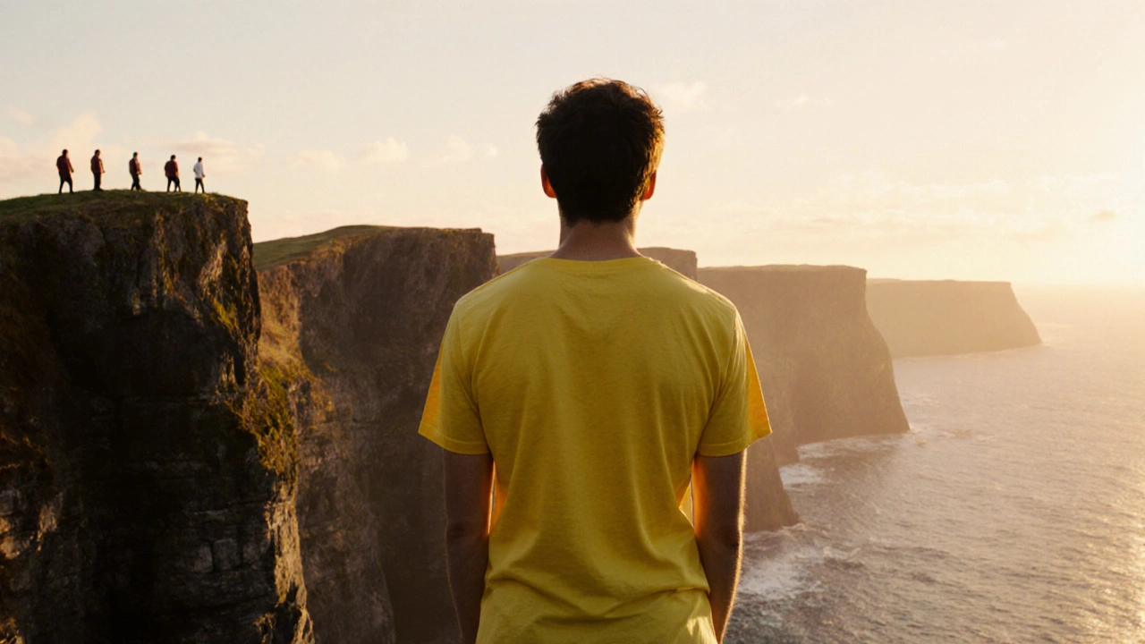 Figure on Cliffs of Moher wearing a bright yellow t‑shirt at sunset.