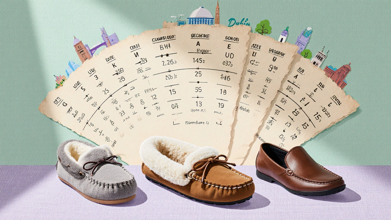 Flat‑lay of slippers and shoes beside a size conversion chart on a pastel linen background.