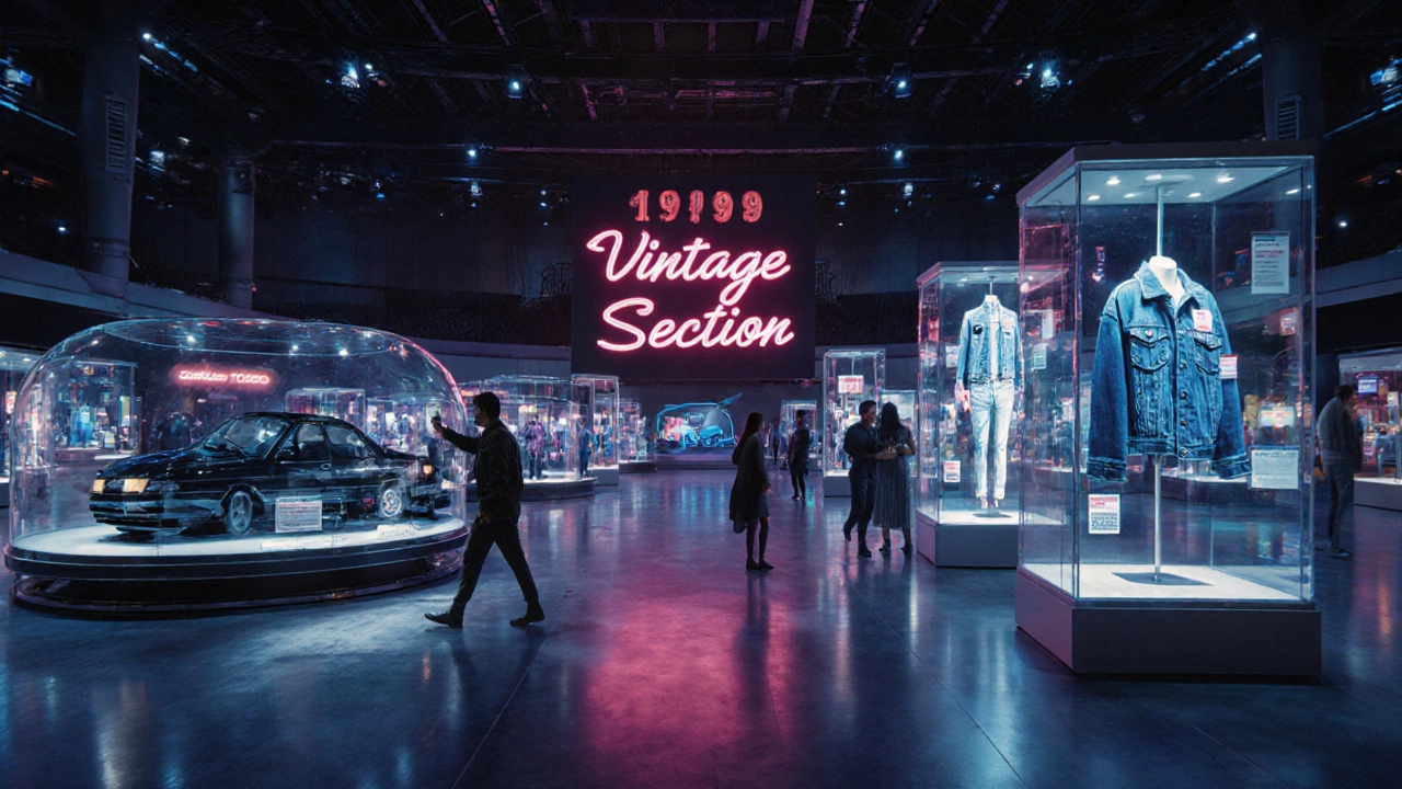 Futuristic 2030 expo hall featuring a 1999 vintage section with classic items.