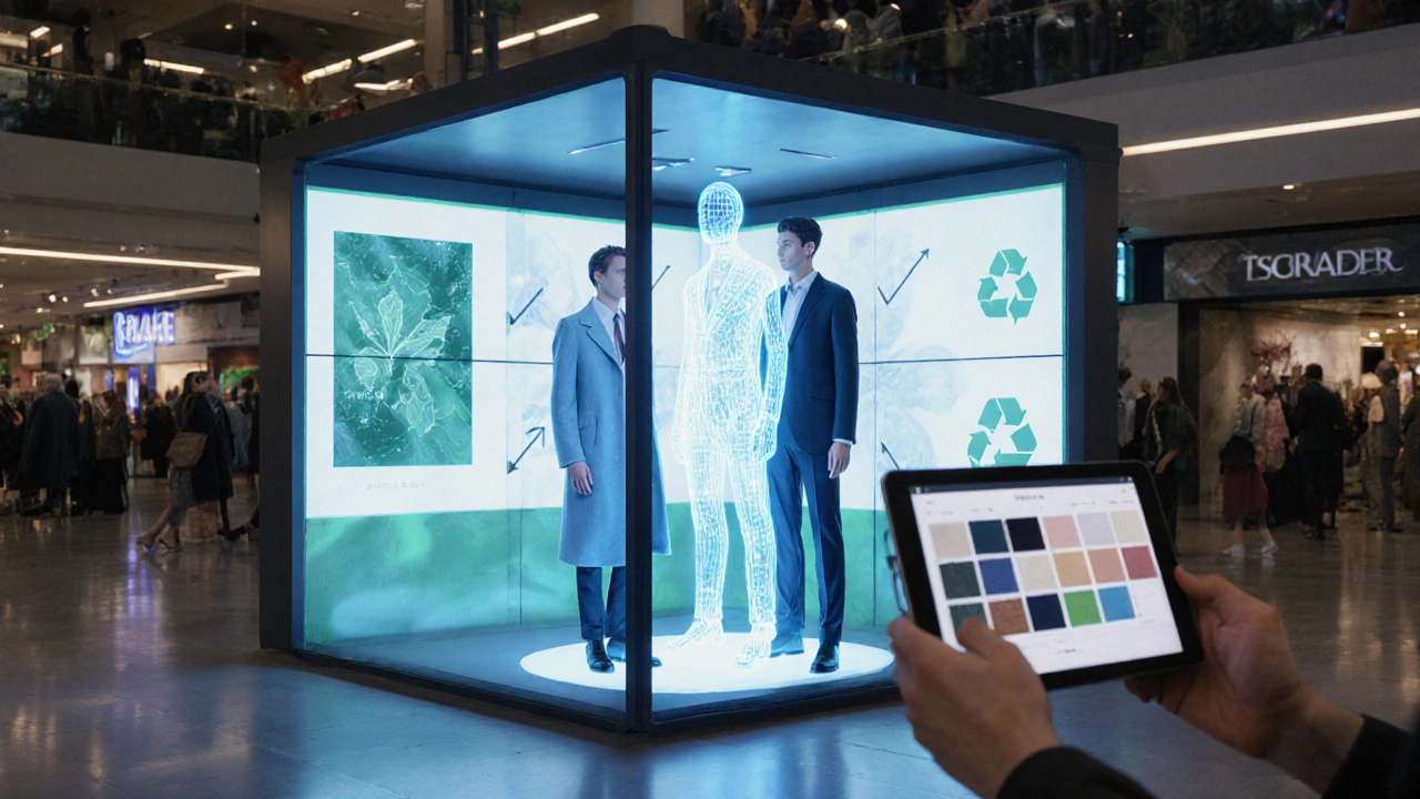 Futuristic kiosk scanning a customer for a sustainable recycled‑wool suit.