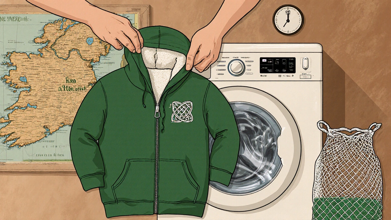 Hands turning a hoodie inside out and placing it in a washing machine with a mesh bag.