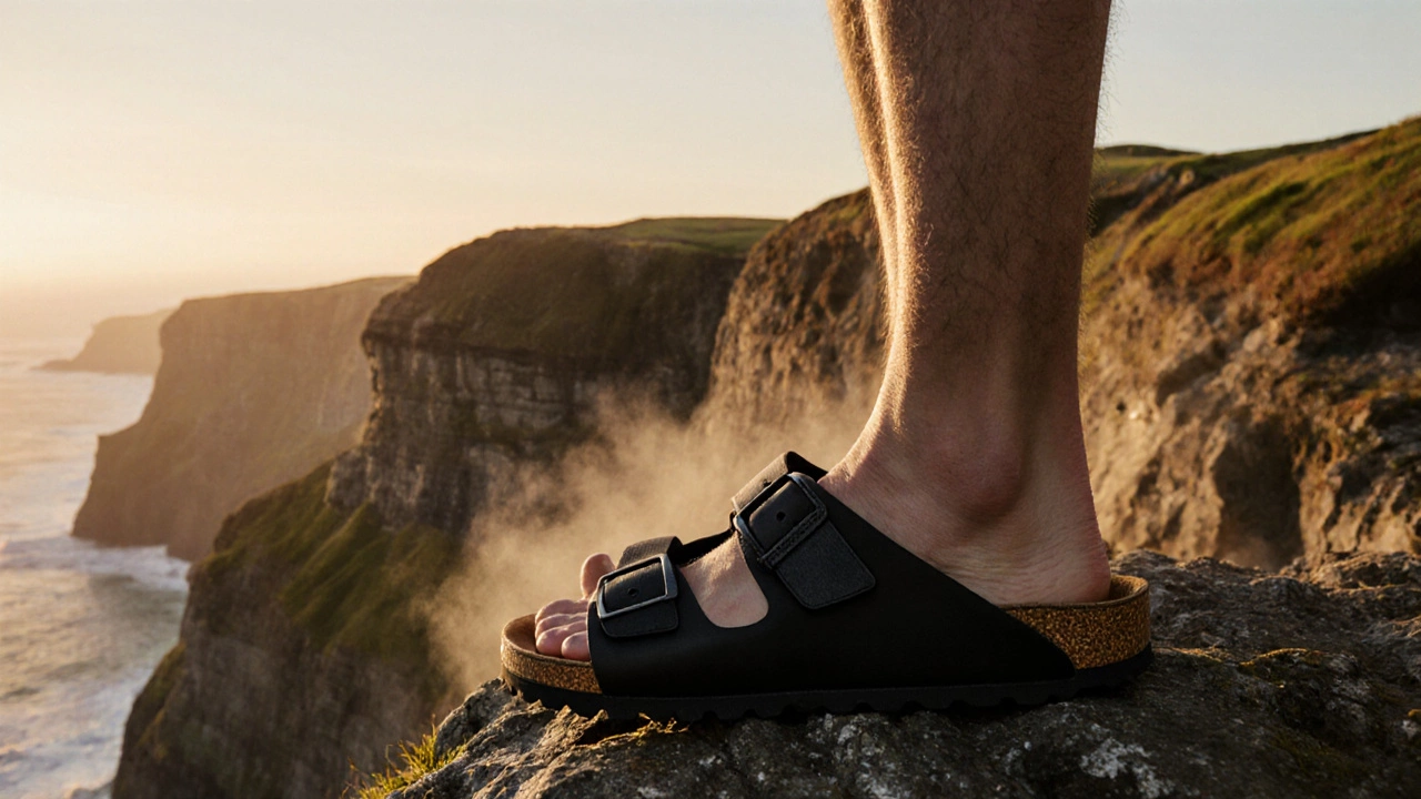 Hiker on the Cliffs of Moher wearing Birkenstock slippers, highlighting sturdy soles.