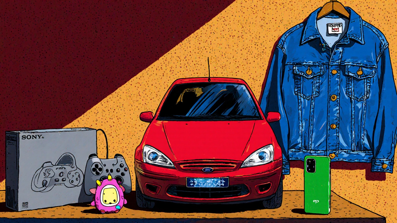 Illustration of 1999 Irish collectibles: PlayStation, Tamagotchi, denim jacket, Focus.