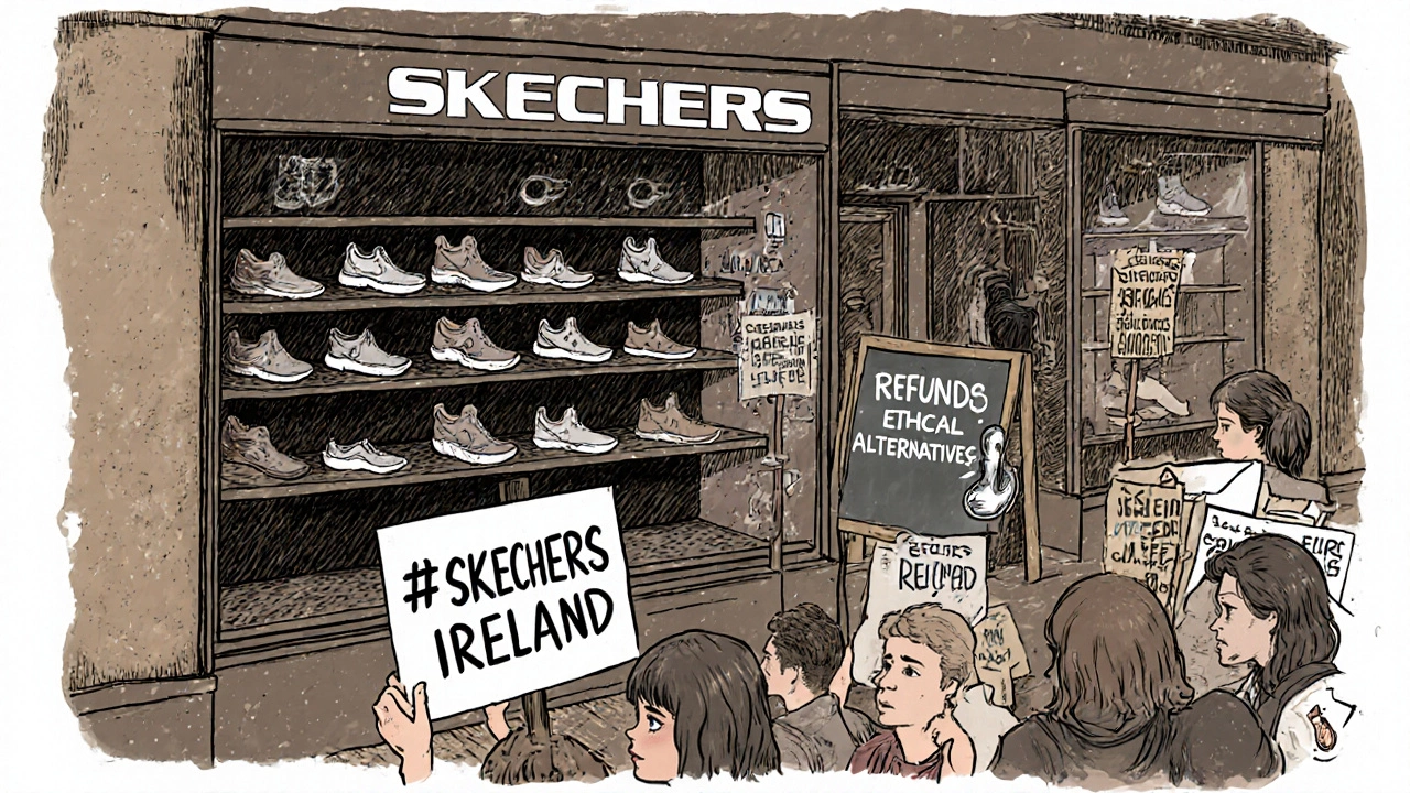 Irish boutique with empty shelves and protestors holding #SkechersIreland signs.