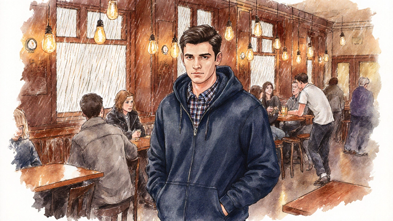 Nighttime scene inside Galway Mercury Bar showing a person wearing a navy hoodie among patrons.