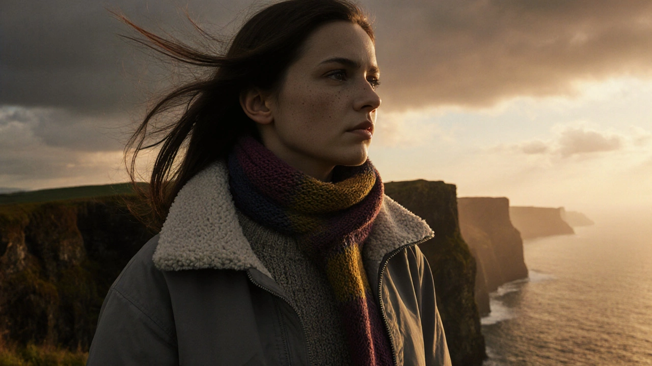 Person on Cliffs of Moher wearing a grey collarless jacket at sunset.