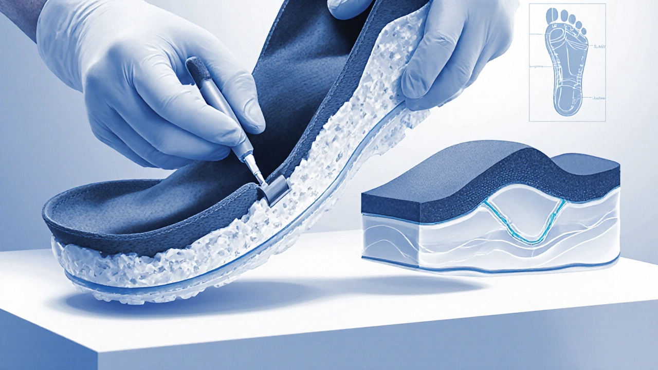 Podiatrist examines a shoe cross‑section showing soft midsole versus firm support.