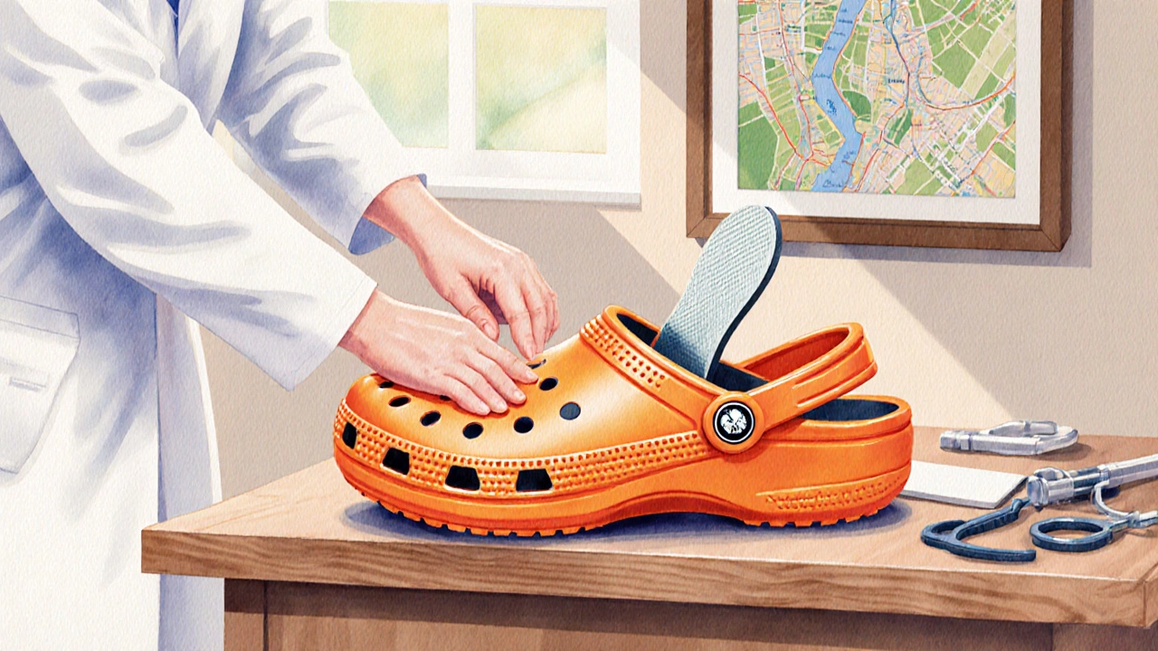 Podiatrist placing a custom orthotic inside a Croc during a foot exam.