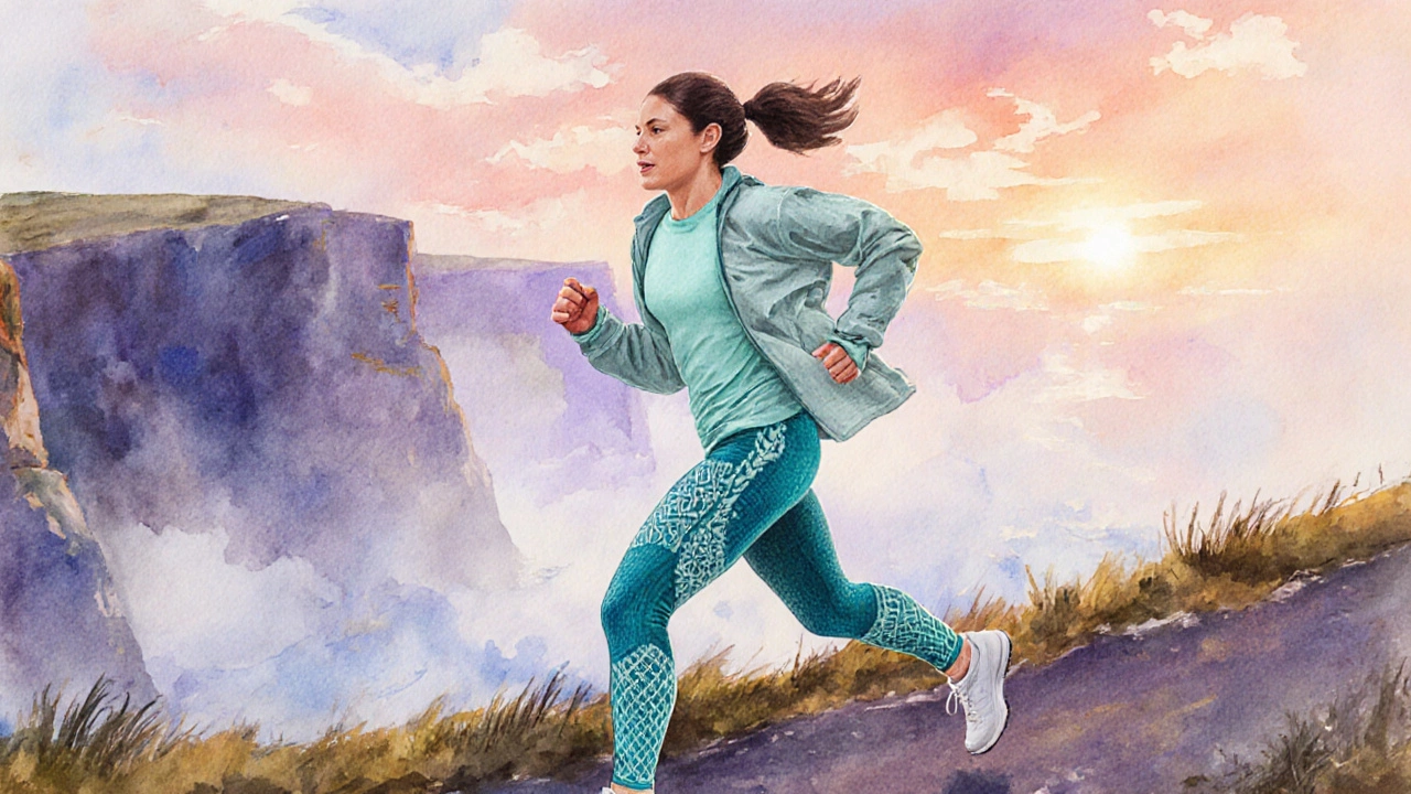 Runner on Connemara cliffs wearing Aran‑patterned activewear at sunrise.