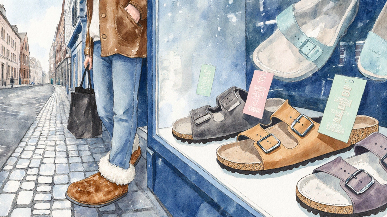 Shopper leaving a Dublin store wearing UGG slippers, with other brands displayed nearby.