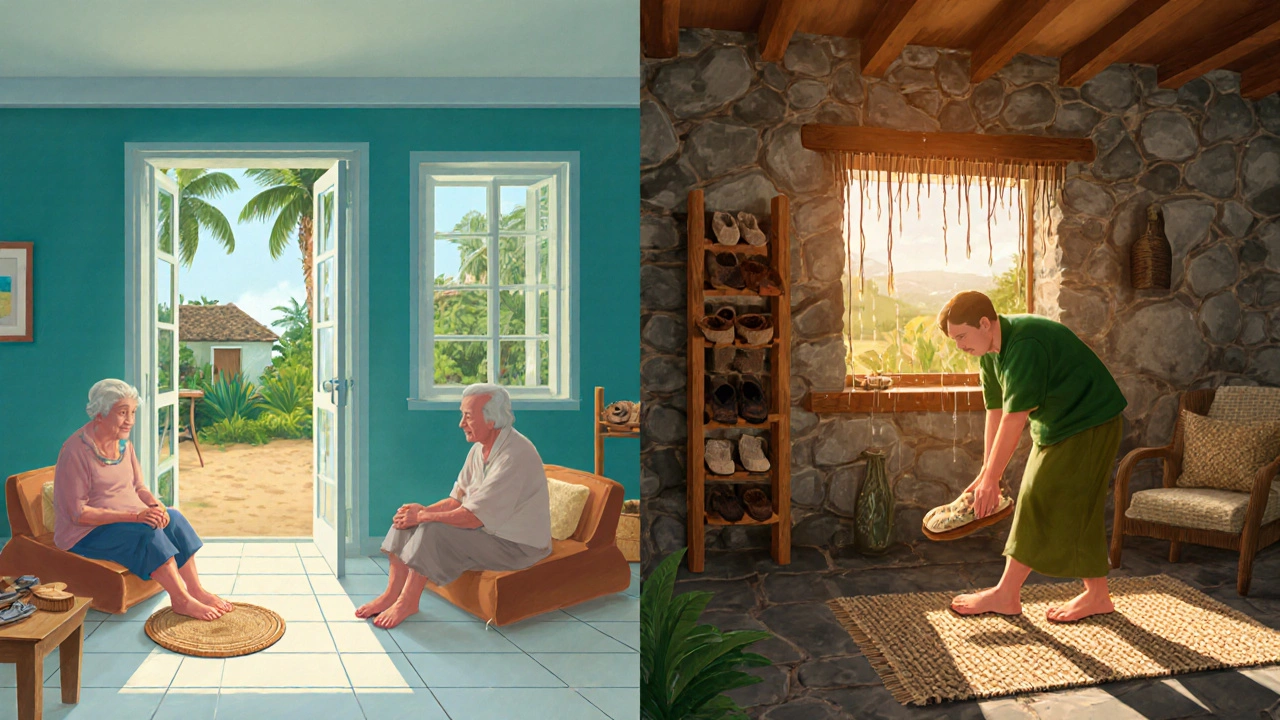 Side‑by‑side view of a Hawaiian barefoot living room and an Irish slipper‑filled cottage.