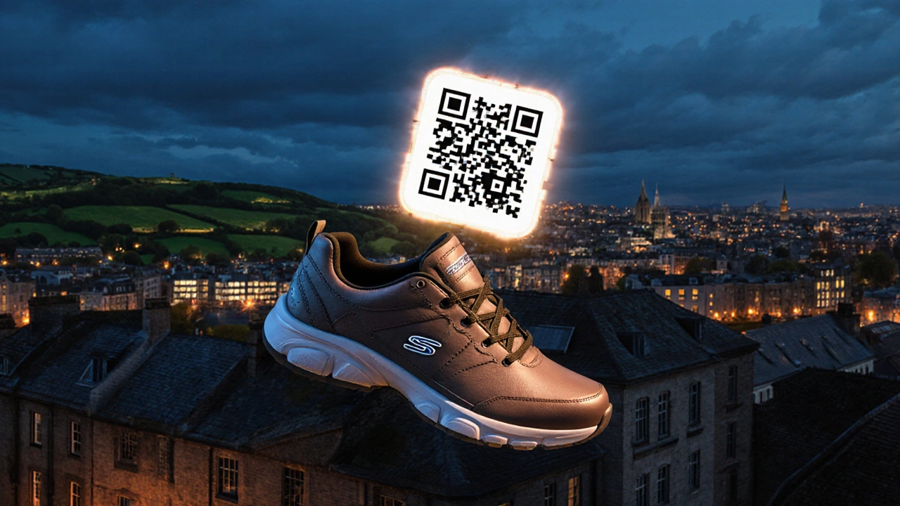 Skechers shoe merging into an Irish tannery with a floating QR code.