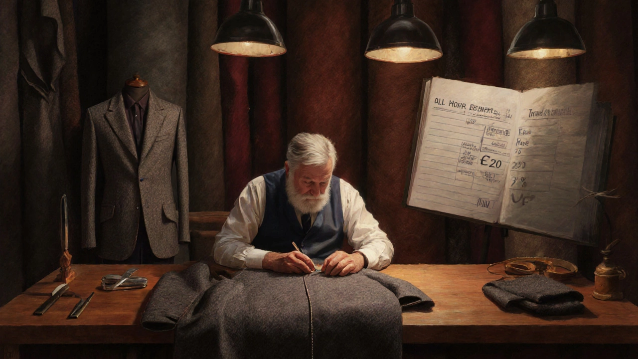 Tailor cutting Irish wool fabric with hand‑stitched lapel details visible.