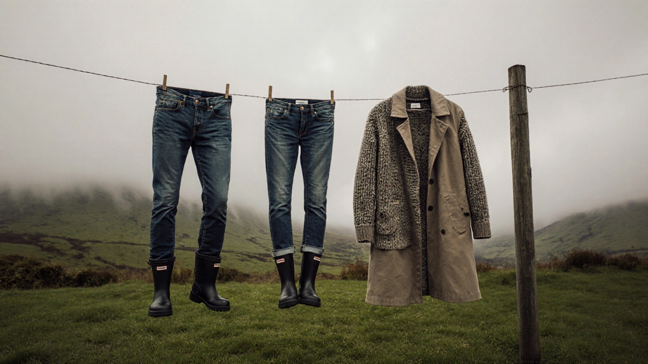 Three pairs of jeans hanging on a clothesline in the Irish countryside, each with a practical accessory.