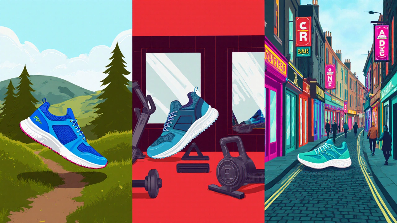 Three panels showing running shoes on a trail, gym cross‑training shoes, and fashion sneakers in Temple Bar.