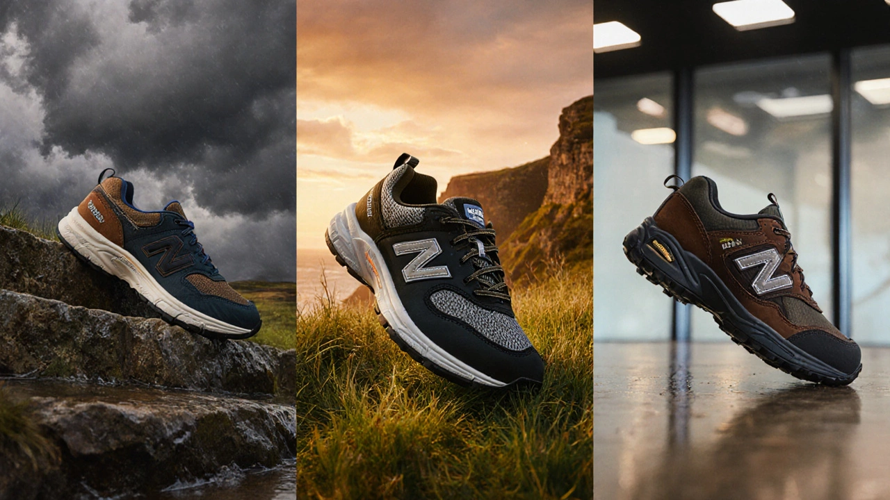 Three supportive work shoes displayed on Irish landmarks and an office floor.