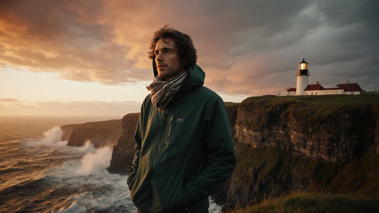 Traveler wearing a green hoodie stands on Wild Atlantic Way cliffs at sunset.
