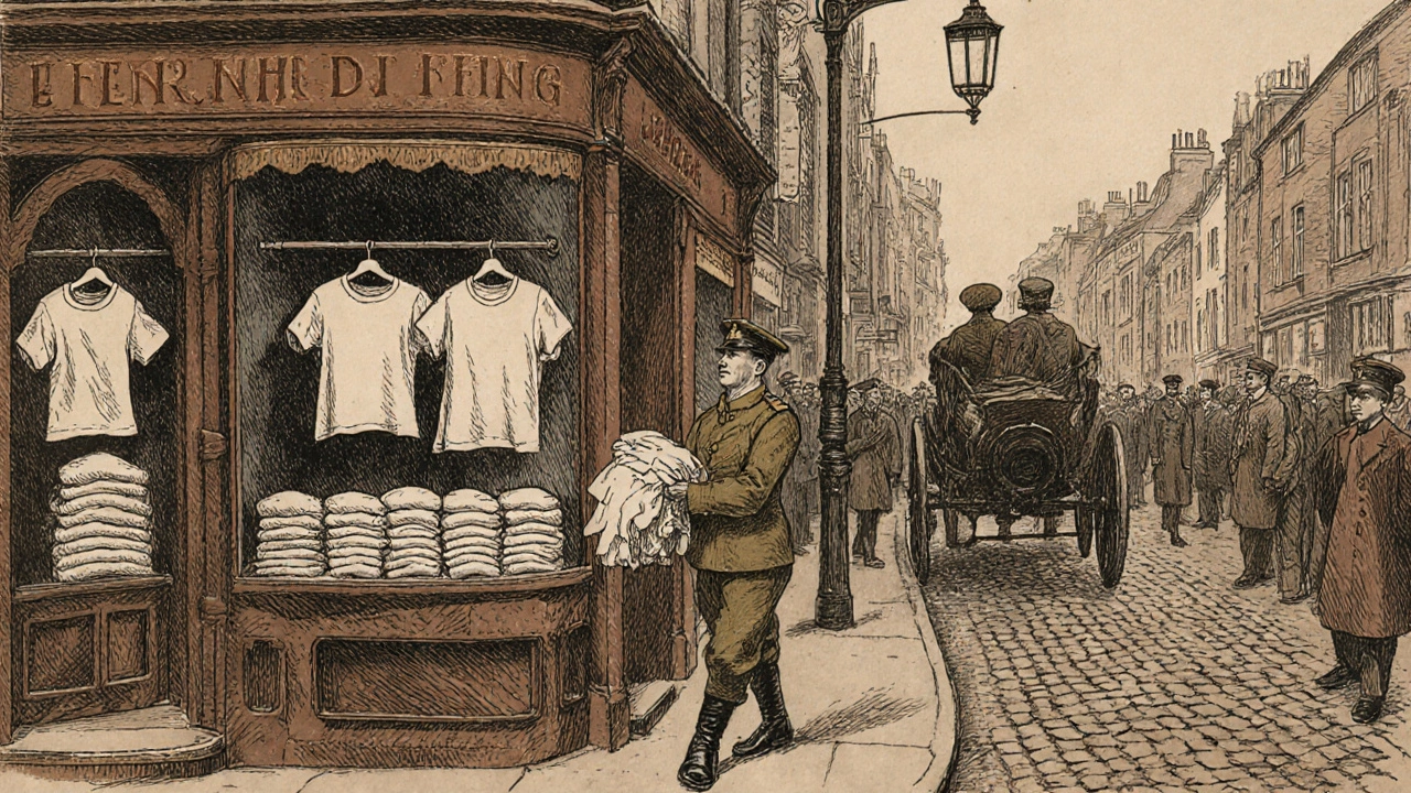 Vintage drawing of a 1920s Dublin street with a soldier delivering surplus T‑shirts to a tailor.