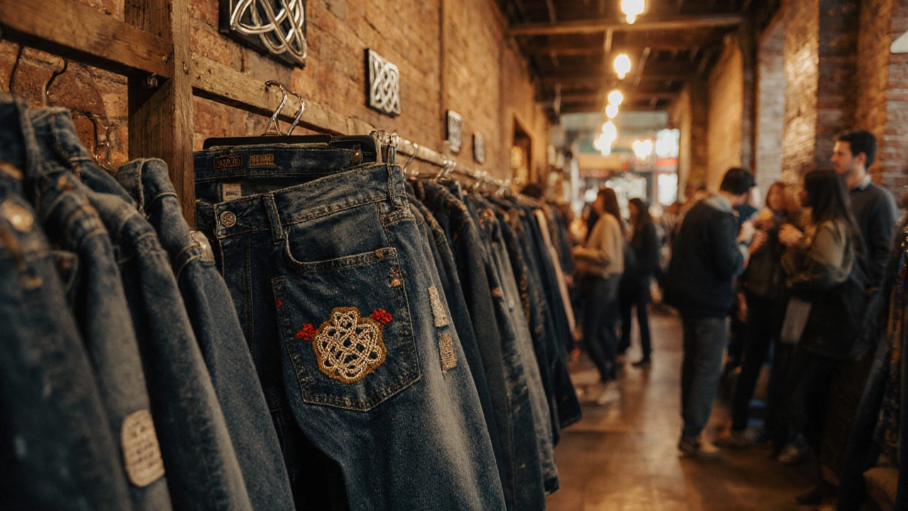 Vintage Dublin boutique interior with racks of old jeans and customers browsing.