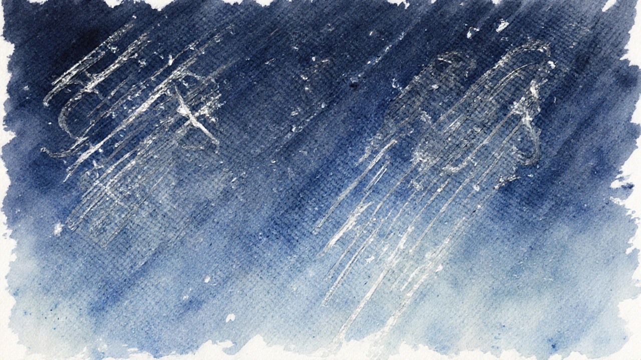 Watercolor close‑up of indigo denim fading and softening with rain motifs.