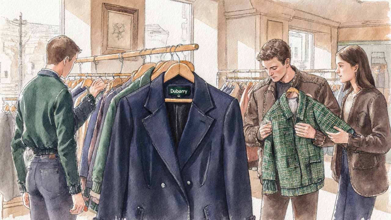 Watercolor shop interior displaying various collarless jackets on racks.