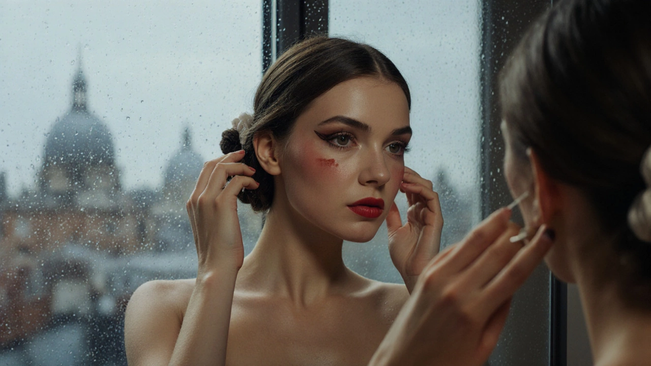 Woman applying makeup with twisted bun, bronze eyeshadow, and rain‑streaked window behind.