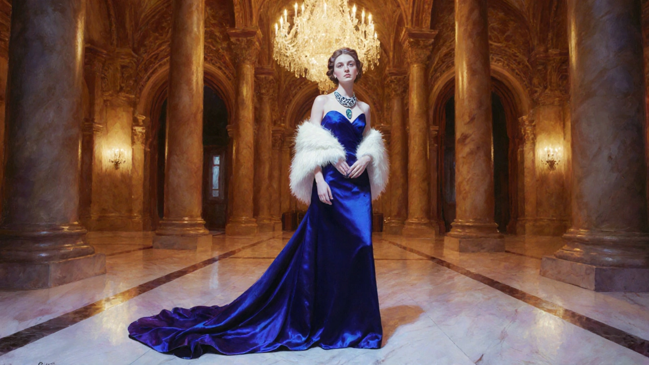 Woman in a flowing evening gown with shawl at the National Concert Hall.