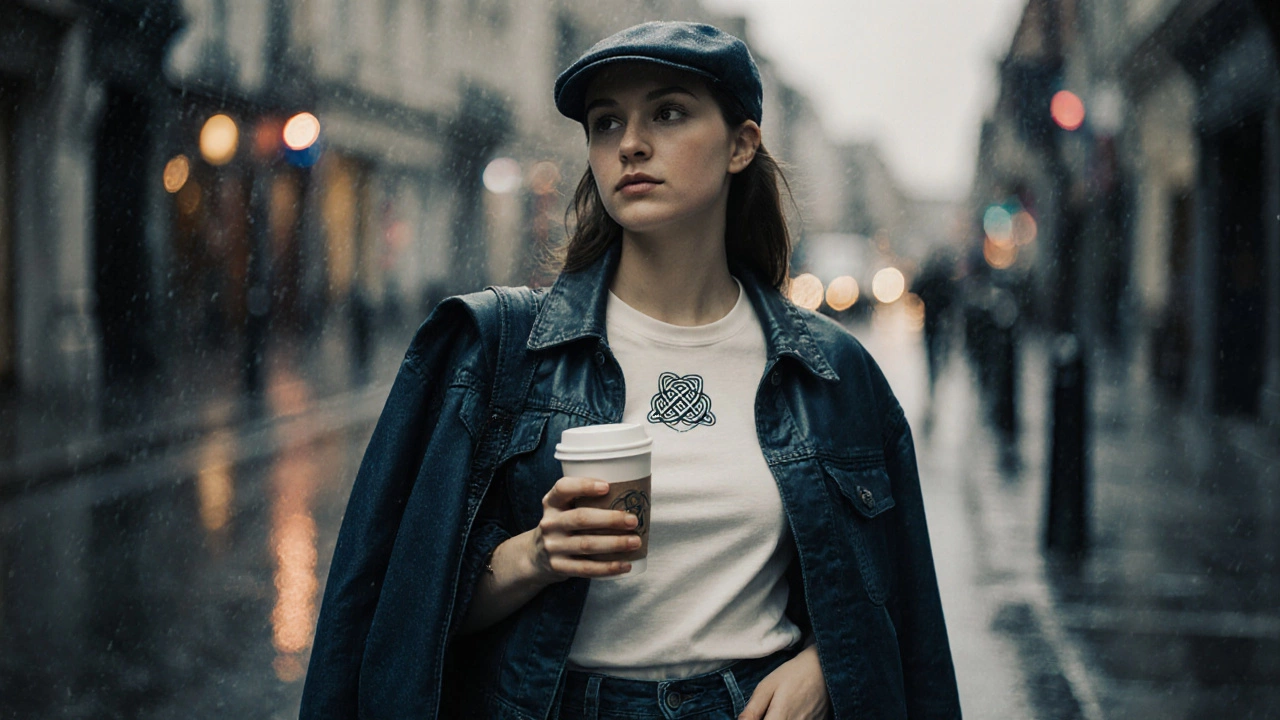Young woman on rainy Grafton Street wearing an organic cotton T‑shirt under a wax jacket.