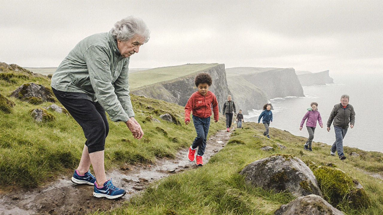 A group of walkers in trainers hiking along Ireland&#039;s misty coastal hills under soft, overcast skies.