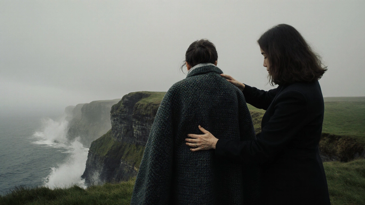 A local woman draping a tweed jacket over a shivering traveler at the Cliffs of Moher.