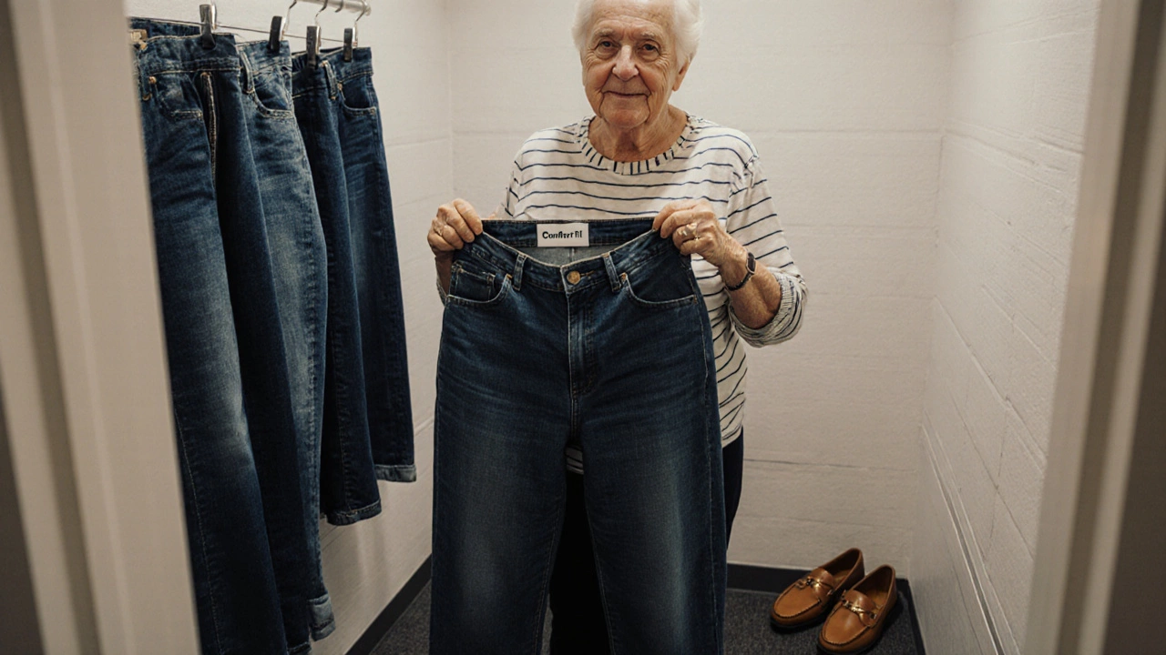 A woman trying on jeans in a Dunnes Stores fitting room, holding a comfort-fit label, with loafers on the floor.