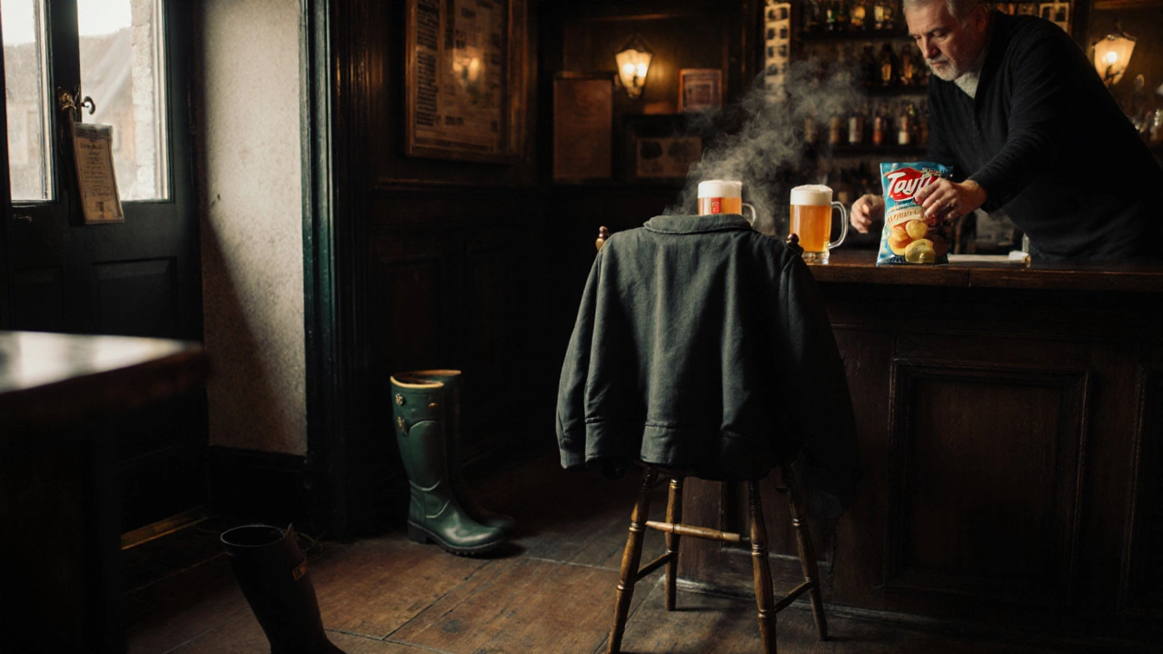 A worn jacket hanging on a pub chair beside a packet of crisps in Doolin, Ireland.