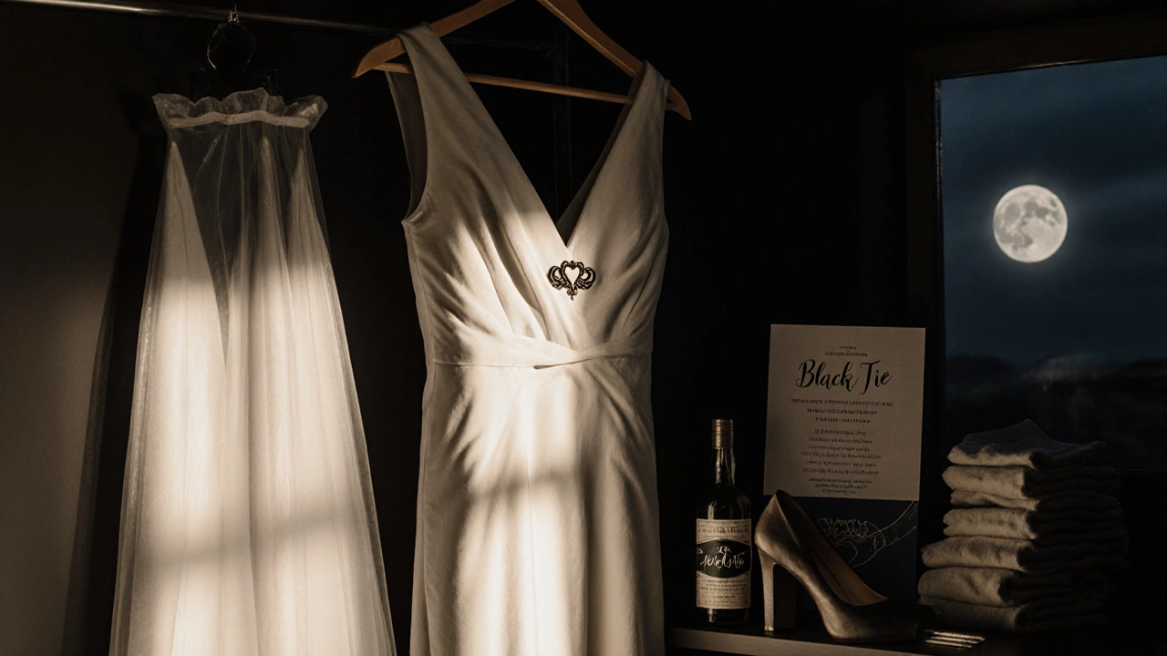 An evening gown hanging in a closet beside a casual dress and Claddagh brooch, moonlight streaming in.