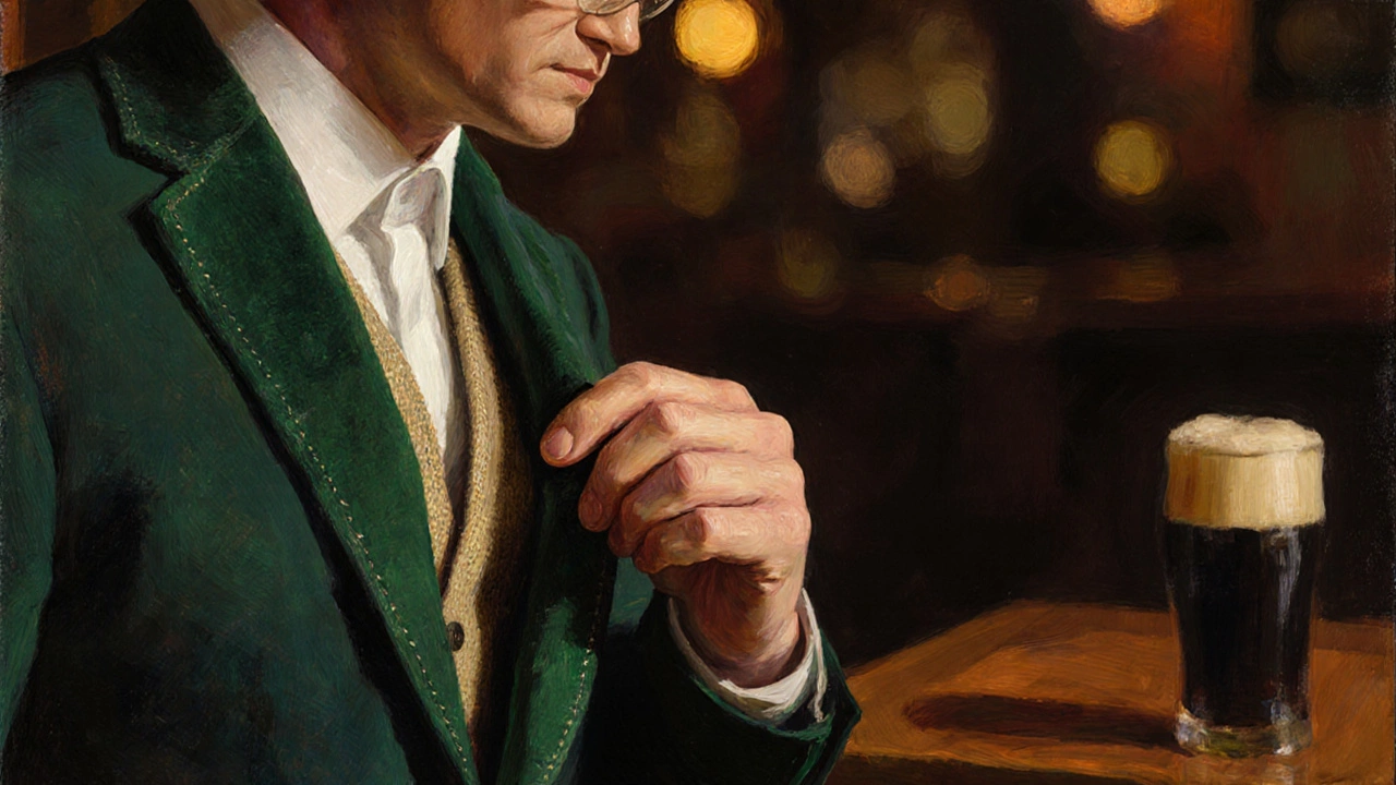 Close-up of a hand touching the lapel of a bespoke suit, revealing hand-stitched roll and natural wool texture with silk lining peeking through.