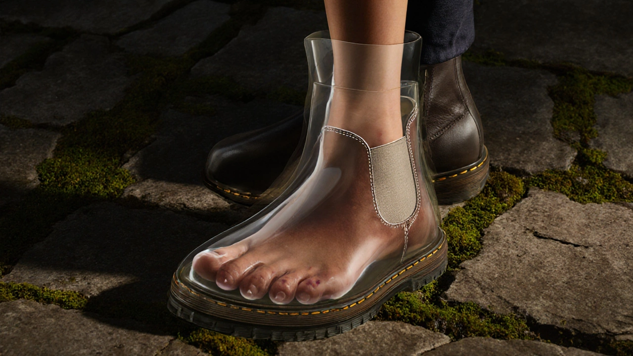 Cross-section of an Irish woman&#039;s foot inside a Chelsea boot, showing mismatched foot shape and pressure points.
