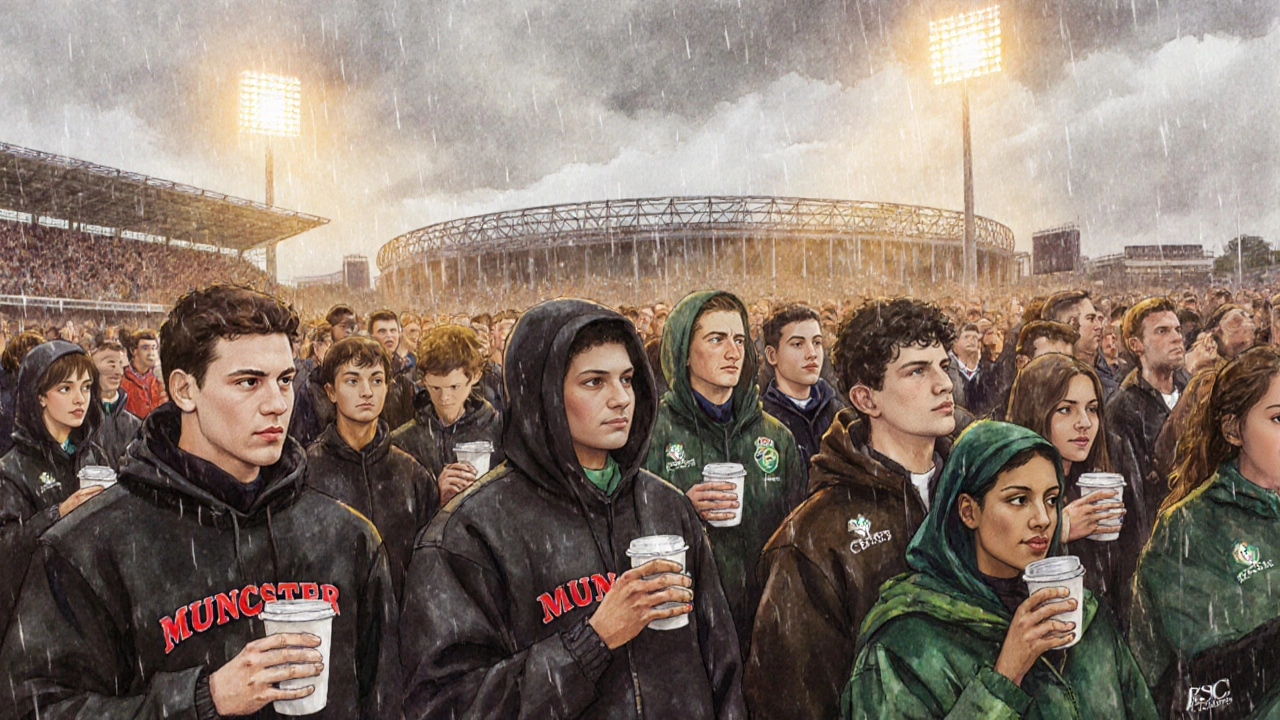 Crowd at Croke Park wearing hoodies with county logos under raincoats.