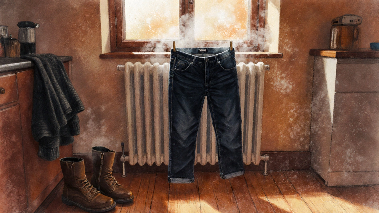 Dark denim jeans drying over a radiator in a cozy Irish kitchen with wool sweater nearby.