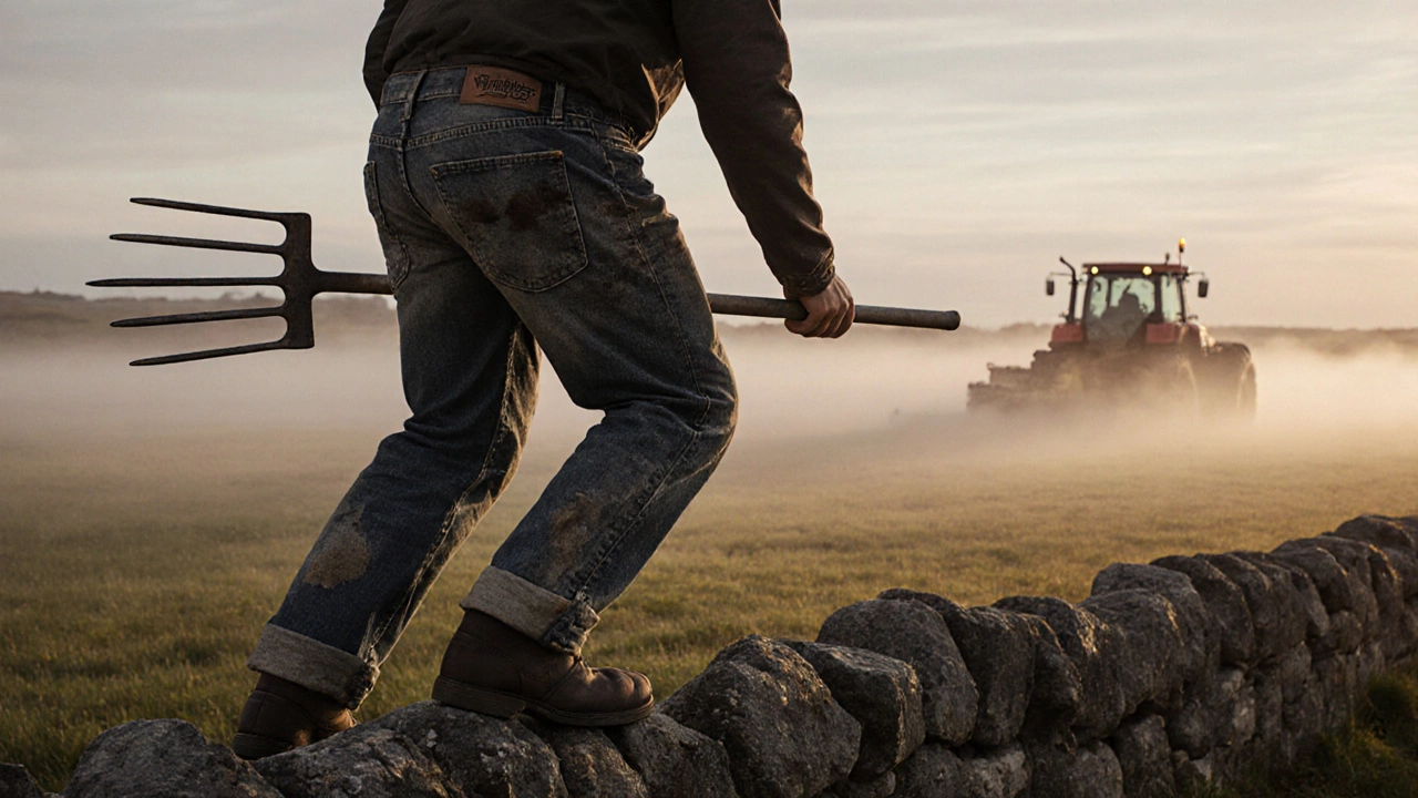 Farmer in durable Wrangler jeans climbing a stone wall in rural Ireland