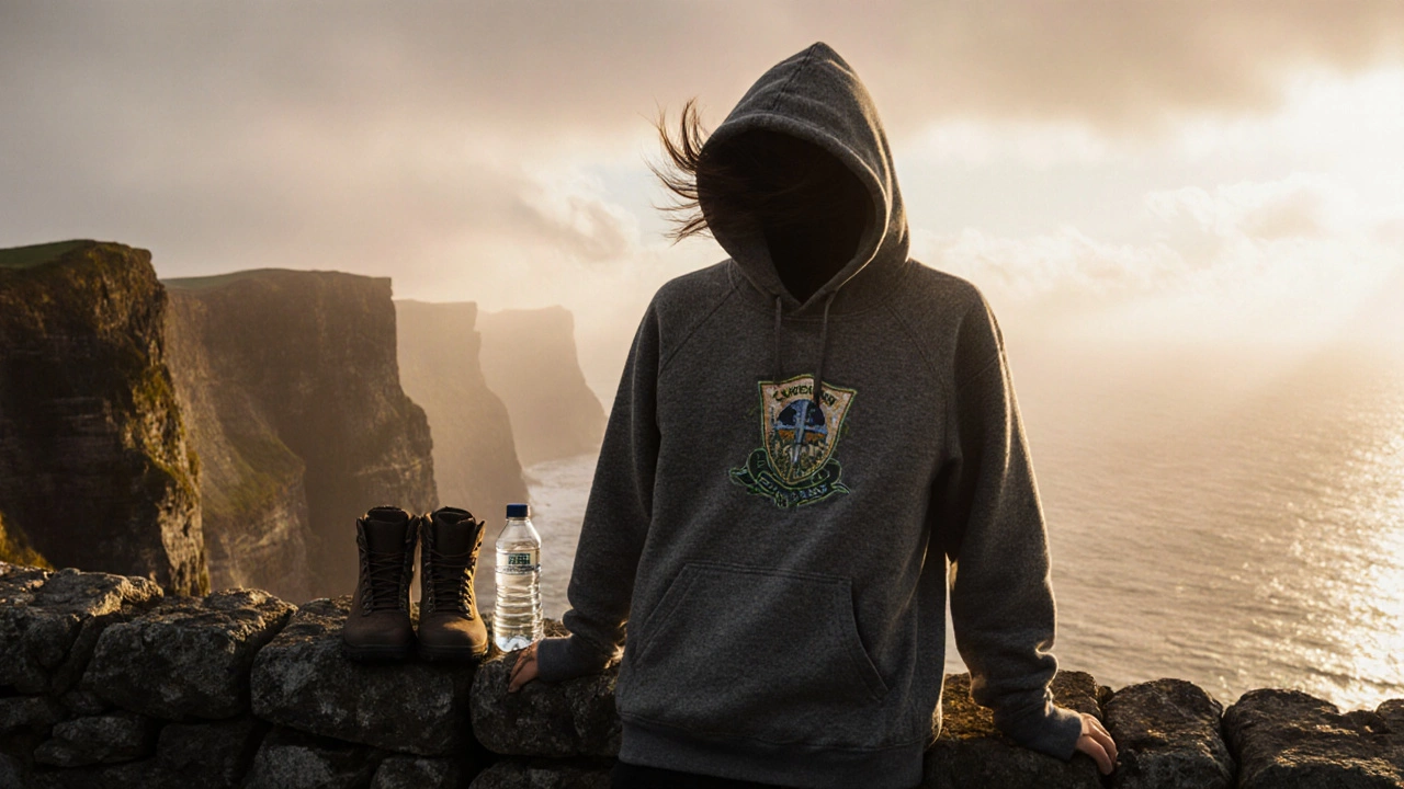 Hoodie draped on a cliff wall at Cliffs of Moher with hiking gear nearby.